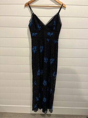 Y2K Bebe Black Lace Maxi Dress with Blue Floral Accents